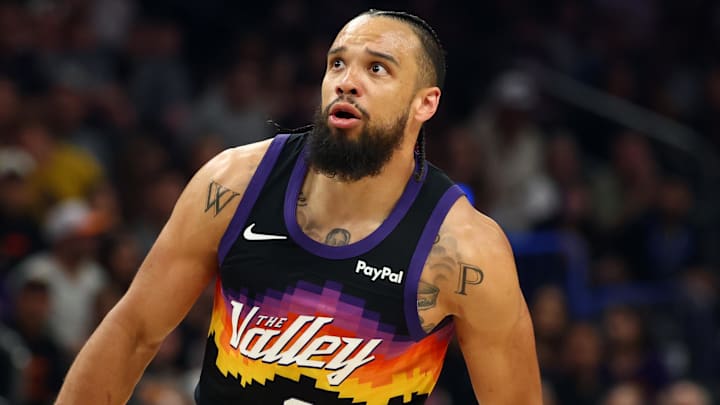 Feb 21, 2026; Phoenix, Arizona, USA; Phoenix Suns forward Dillon Brooks (3) against the Orlando Magic in the first half at Mortgage Matchup Center. Mandatory Credit: Mark J. Rebilas-Imagn Images
