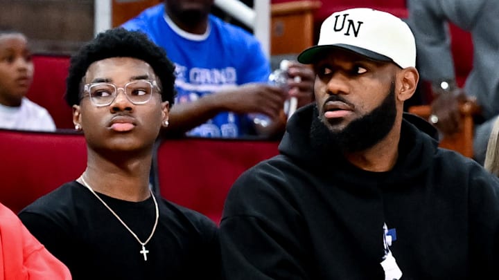 Los Angeles Lakers forward LeBron James and son Bryce James (left)