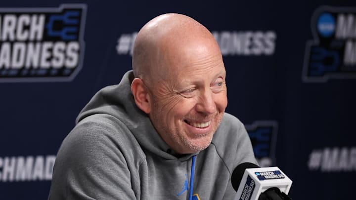 Mar 19, 2026; Philadelphia, PA, USA; UCLA Bruins head coach Mick Cronin speaks with the media before a practice session ahead of the first round of the men's 2026 NCAA Tournament at Xfinity Mobile Arena. Mandatory Credit: Bill Streicher-Imagn Images
