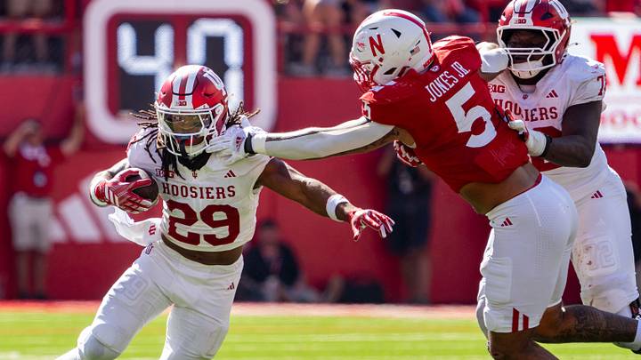 Nebraska defensive lineman Anthony Jones Jr. takes down Indiana running back Lee Beebe Jr. during the third quarter. Nebraska defensive lineman Anthony Jones Jr. takes down Indiana running back Lee Beebe Jr. during the third quarter.