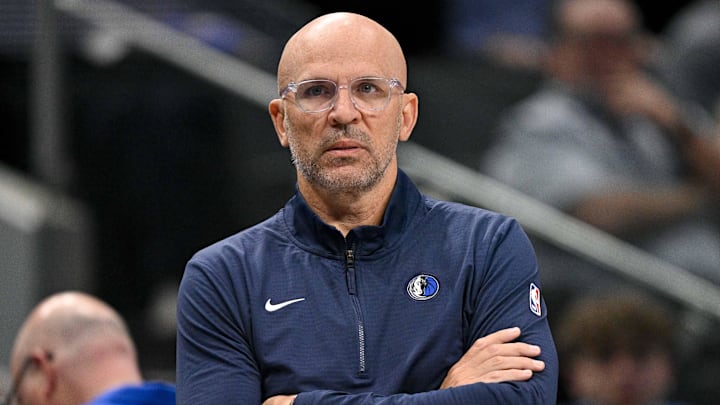 Mar 31, 2025; Dallas, Texas, USA; Dallas Mavericks head coach Jason Kidd looks on during the first quarter against the Brooklyn Nets at the American Airlines Center. Mandatory Credit: Jerome Miron-Imagn Images