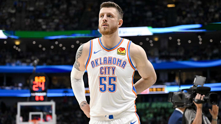 Oct 27, 2025; Dallas, Texas, USA; Oklahoma City Thunder center Isaiah Hartenstein (55) looks on during the game between the Mavericks and the Thunder at the American Airlines Center. Mandatory Credit: Jerome Miron-Imagn Images Oct 27, 2025; Dallas, Texas, USA; Oklahoma City Thunder center Isaiah Hartenstein (55) looks on during the game between the Mavericks and the Thunder at the American Airlines Center. Mandatory Credit: Jerome Miron-Imagn Images