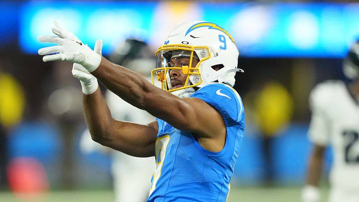 Dec 8, 2025; Inglewood, California, USA;  Los Angeles Chargers wide receiver Tre' Harris (9) reacts in the first half against the Philadelphia Eagles at SoFi Stadium. Mandatory Credit: Kirby Lee-Imagn Images
