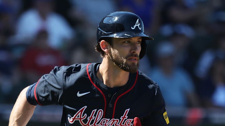 Mar 2, 2025; North Port, Florida, USA; Atlanta Braves outfielder Eli White (36) singles during the fourth inning against the New York Yankees at CoolToday Park. Mandatory Credit: Kim Klement Neitzel-Imagn Images