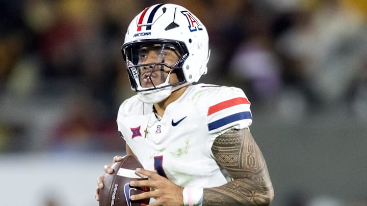 Nov 28, 2025; Tempe, Arizona, USA; Arizona Wildcats quarterback Noah Fifita (1) against the Arizona State Sun Devils during the 99th Territorial Cup at Mountain America Stadium. Mandatory Credit: Mark J. Rebilas-Imagn Images