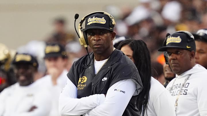 Aug 29, 2025; Boulder, Colorado, USA; Colorado Buffaloes head coach Deion Sanders on the sidelines in the second quarter against the Georgia Tech Yellow Jackets at Folsom Field. Mandatory Credit: Ron Chenoy-Imagn Images
