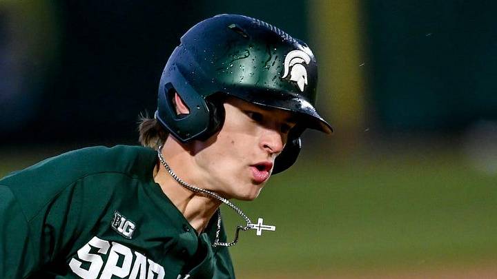 Michigan State's Randy Seymour rounds third base on his way to scoring against the Lugnuts in the third inning on Tuesday, April 4, 2023, during the Crosstown Showdown at Jackson Field in Lansing. Michigan State's Randy Seymour rounds third base on his way to scoring against the Lugnuts in the third inning on Tuesday, April 4, 2023, during the Crosstown Showdown at Jackson Field in Lansing.