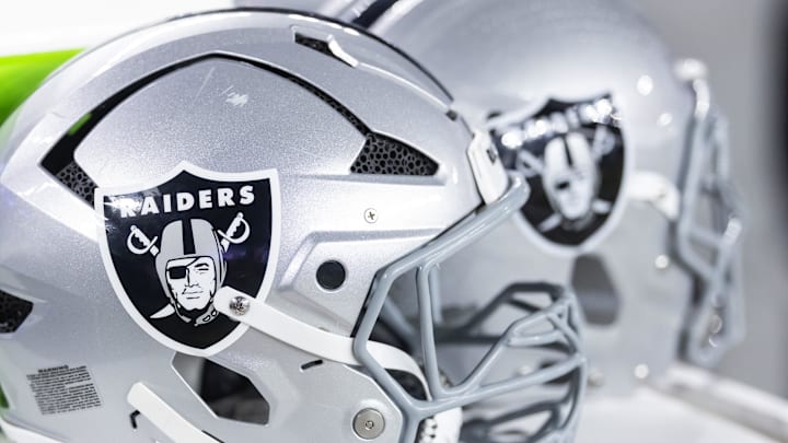 Aug 23, 2025; Glendale, Arizona, USA; Detailed view of a Las Vegas Raiders helmet during a preseason NFL game at State Farm Stadium. Mandatory Credit: Mark J. Rebilas-Imagn Images Aug 23, 2025; Glendale, Arizona, USA; Detailed view of a Las Vegas Raiders helmet during a preseason NFL game at State Farm Stadium. Mandatory Credit: Mark J. Rebilas-Imagn Images