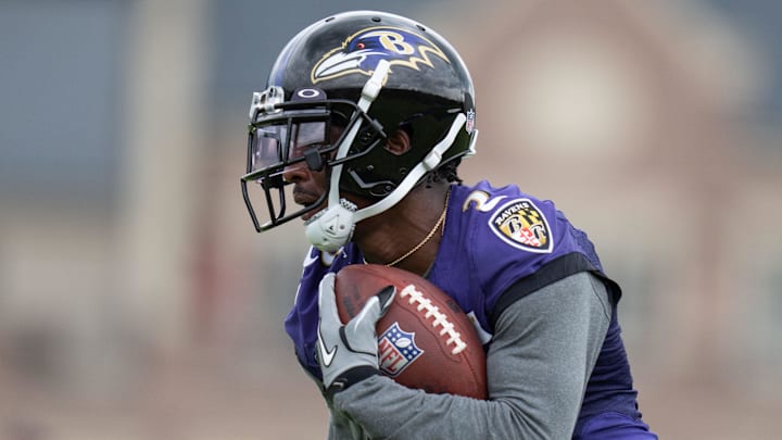 Jul 27, 2022; Owings Mills, MD, USA; Baltimore Ravens wide receiver James Proche (3) runs with the ball during day one of training camp at Under Armour Performance Center. Mandatory Credit: Jessica Rapfogel-Imagn Images