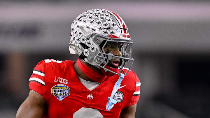 Dec 31, 2025; Arlington, TX, USA; Ohio State Buckeyes safety Caleb Downs (2) gets into position during the 2025 Cotton Bowl and quarterfinal game of the College Football Playoff at AT&T Stadium. Mandatory Credit: Jerome Miron-Imagn Images