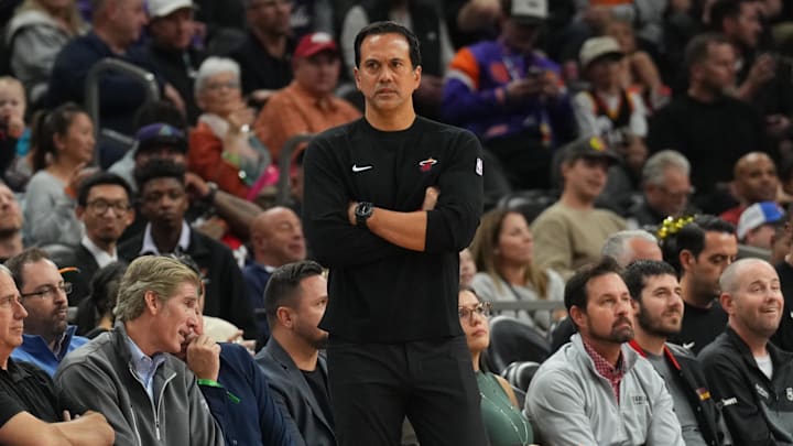 Nov 6, 2024; Phoenix, Arizona, USA; Miami Heat head coach Erik Spoelstra looks on against the Phoenix Suns ring the first half at Footprint Center. Mandatory Credit: Joe Camporeale-Imagn Images