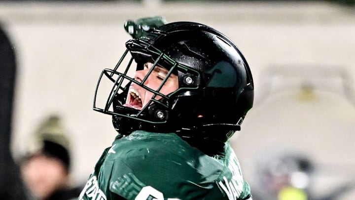Michigan State's Alex VanSumeren celebrates after a sack against Purdue during the second quarter on Friday, Nov. 22, 2024, at Spartan Stadium in East Lansing.