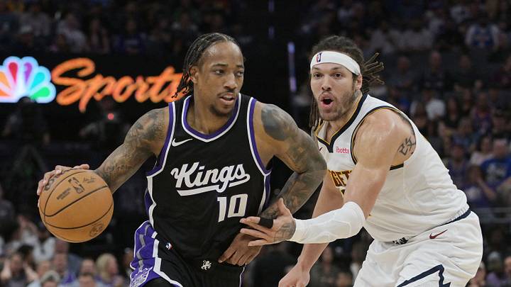 Apr 9, 2025; Sacramento, California, USA; Sacramento Kings forward DeMar DeRozan (10) drives to the basket against the Denver Nuggets during the third quarter at Golden 1 Center. Apr 9, 2025; Sacramento, California, USA; Sacramento Kings forward DeMar DeRozan (10) drives to the basket against the Denver Nuggets during the third quarter at Golden 1 Center.