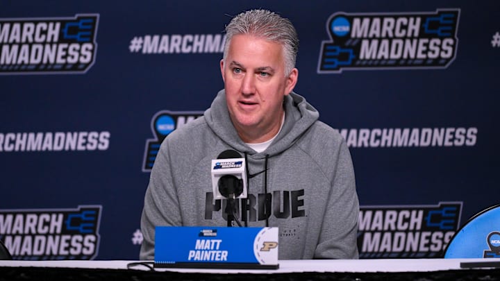 Purdue Boilermakers head coach Matt Painter talks with the media. Purdue Boilermakers head coach Matt Painter talks with the media.
