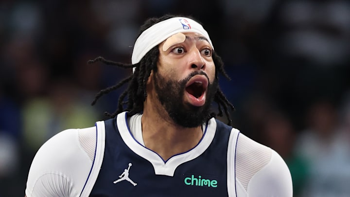 Anthony Davis #3 of the Dallas Mavericks reacts against the Atlanta Hawks.