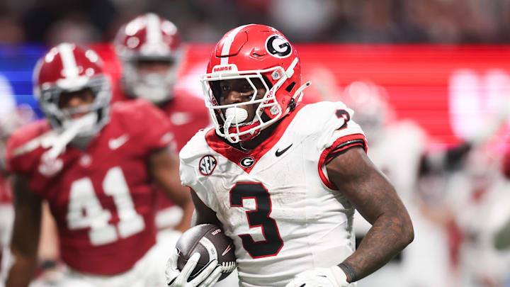 Dec 6, 2025; Atlanta, GA, USA; Georgia Bulldogs running back Nate Frazier (3) rushes for a touchdown during the third quarter against the Alabama Crimson Tide during the 2025 SEC Championship game at Mercedes-Benz Stadium. Mandatory Credit: Brett Davis-Imagn Images