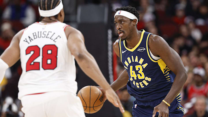 Apr 1, 2026; Chicago, Illinois, USA; Indiana Pacers forward Pascal Siakam (43) brings the ball up court against Chicago Bulls forward Guerschon Yabusele (28) during the first half at United Center. Mandatory Credit: Kamil Krzaczynski-Imagn Images