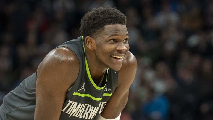 Jan 15, 2025; Minneapolis, Minnesota, USA; Minnesota Timberwolves guard Anthony Edwards (5) reacts in the second half against the Golden State Warriors at Target Center. Mandatory Credit: Jesse Johnson-Imagn Images