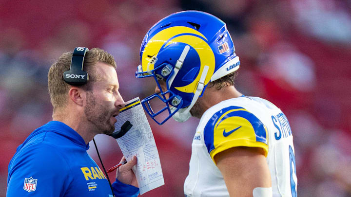 November 9, 2025; Santa Clara, California, USA; Los Angeles Rams head coach Sean McVay talks with quarterback Matthew Stafford (9) during the fourth quarter against the San Francisco 49ers at Levi's Stadium. Mandatory Credit: Kyle Terada-Imagn Images