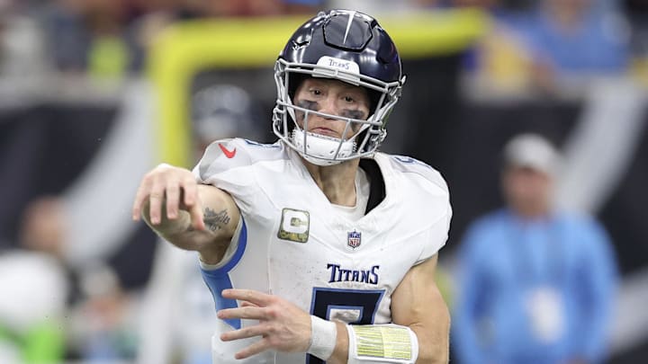 Nov 24, 2024; Houston, Texas, USA; Tennessee Titans quarterback Will Levis (8) throws a pick six to Houston Texans safety Jimmie Ward (20) (not pictured) in the third quarter at NRG Stadium. Mandatory Credit: Thomas Shea-Imagn Images
