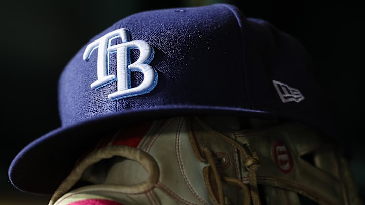 Apr 3, 2023; Washington, District of Columbia, USA; A general view of a Tampa Bay Rays hat and glove during the seventh inning of the game against the Washington Nationals at Nationals Park.