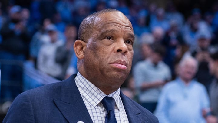 Dec 16, 2025; Chapel Hill, North Carolina, USA; North Carolina Tar Heels head coach Hubert Davis walks out before a match up with ETSU Buccaneers at Dean E. Smith Center. Mandatory Credit: Scott Kinser-Imagn Images