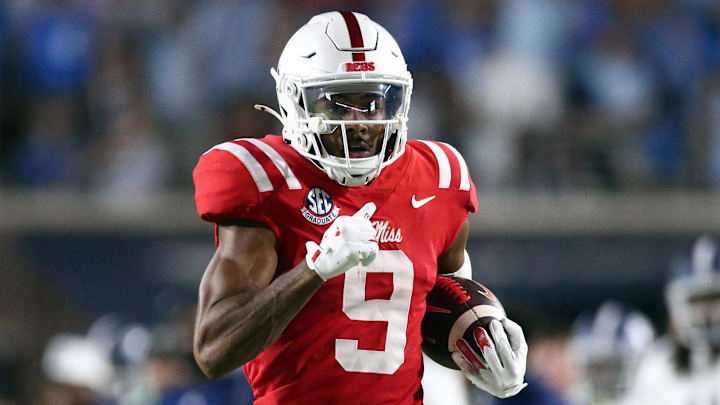 Sep 21, 2024; Oxford, Mississippi, USA; Mississippi Rebels wide receiver Tre Harris (9) runs after a catch for a touchdown during the first half against the Georgia Southern Eagles at Vaught-Hemingway Stadium. Mandatory Credit: Petre Thomas-Imagn Images