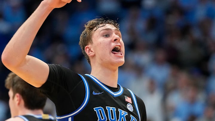 Mar 8, 2025; Chapel Hill, North Carolina, USA; Duke Blue Devils forward Cooper Flagg (2) reacts in the second half at Dean E. Smith Center. Mandatory Credit: Bob Donnan-Imagn Images