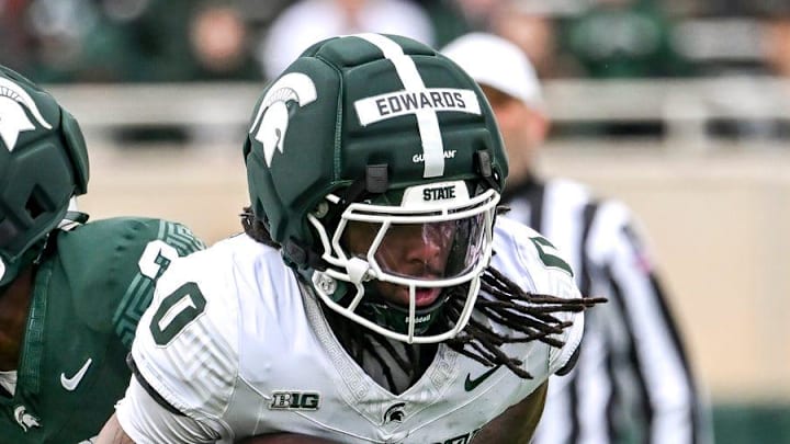 Michigan State's Cam Edwards runs the ball during the football Spring Showcase on Saturday, April 18, 2026, at Spartan Stadium in East Lansing.