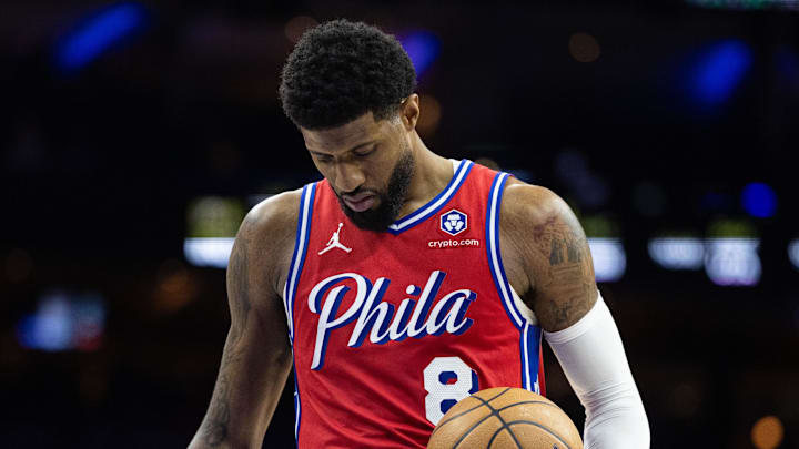 Dec 13, 2024; Philadelphia, Pennsylvania, USA; Philadelphia 76ers forward Paul George (8) prepares to shoot a foul shot against the Indiana Pacers during the fourth quarter at Wells Fargo Center. Mandatory Credit: Bill Streicher-Imagn Images