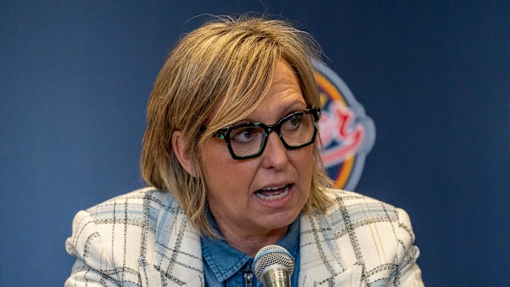 Indiana Fever General Manager Amber Cox welcomes Natasha Howard back to the team Tuesday, Feb. 4, 2025, during a press conference at Gainbridge Fieldhouse in Indianapolis. “People say you should have a one page resume,” Cox said. “Natasha cannot have that. It is several pages. Three time champion, two time all star defensive player of the year, most improved player. I mean, again, the list goes on and on and on.”