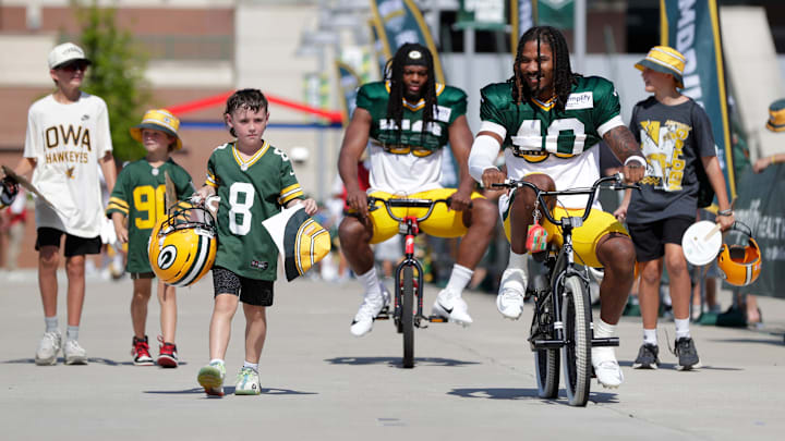 Green Bay Packers safety Omar Brown (40) participates in the Dream Drive bicycle ride during the fifth day of training camp on July 28, 2025, in Green Bay, Wis.