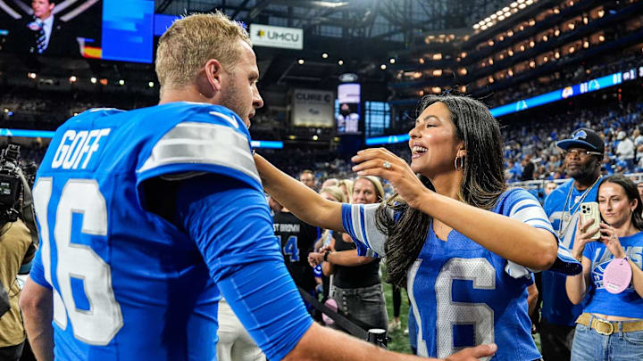 Detroit Lions quarterback Jared Goff (16) hugs his wife Christen Harper during warm up before the Rams game at Ford Field Detroit Lions quarterback Jared Goff (16) hugs his wife Christen Harper during warm up before the Rams game at Ford Field