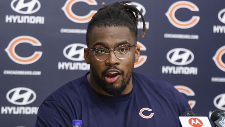 May 7, 2022; Lake Forest, IL, USA; Chicago Bears offensive tackle Braxton Jones speaks at a news conference during team's rookie minicamp at Halas Hall. Mandatory Credit: Kamil Krzaczynski-Imagn Images May 7, 2022; Lake Forest, IL, USA; Chicago Bears offensive tackle Braxton Jones speaks at a news conference during team's rookie minicamp at Halas Hall. Mandatory Credit: Kamil Krzaczynski-Imagn Images
