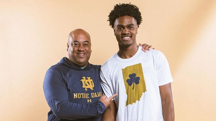 Jalen Haralson pictured with Notre Dame coach Micah Shrewsberry during his official visit to South Bend.