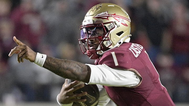 Nov 1, 2025; Tallahassee, Florida, USA; Florida State Seminoles quarterback Tommy Castellanos (1) runs the ball during the second half against the Wake Forest Demon Deacons at Doak S. Campbell Stadium. Mandatory Credit: Melina Myers-Imagn Images