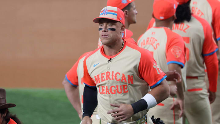 Jul 16, 2024; Arlington, Texas, USA; American League right fielder  Aaron Judge of the New York Yankees (99) looks on before the 2024 MLB All-Star game at Globe Life Field.
