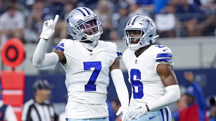 Dallas Cowboys cornerback Trevon Diggs celebrates with safety Donovan Wilson during the first half against the Detroit Lions