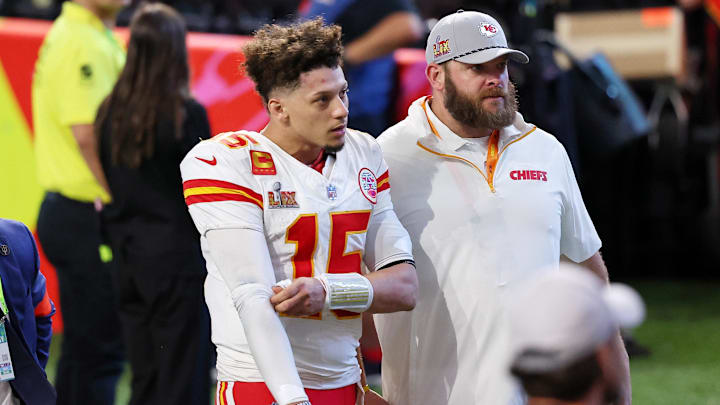 Feb 9, 2025; New Orleans, LA, USA; Kansas City Chiefs quarterback Patrick Mahomes (15) walks off the field after losing against the Philadelphia Eagles in Super Bowl LIX at Caesars Superdome. Mandatory Credit: Bill Streicher-Imagn Images