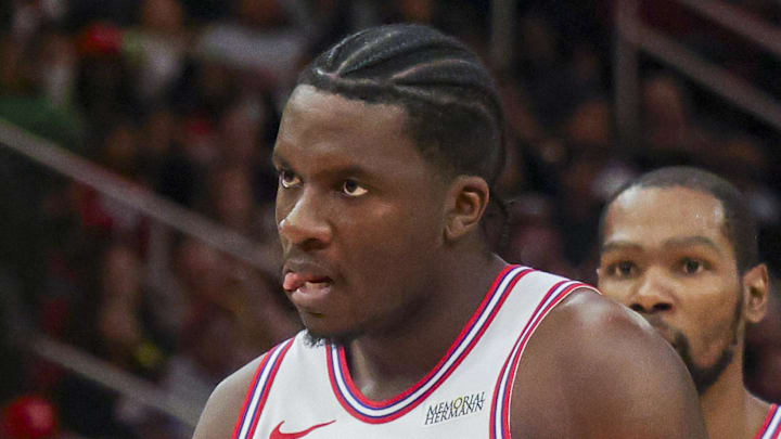 Dec 29, 2025; Houston, Texas, USA;  Houston Rockets center Clint Capela (30) reacts to his basket against the Indiana Pacers in the third quarter at Toyota Center. Mandatory Credit: Thomas Shea-Imagn Images