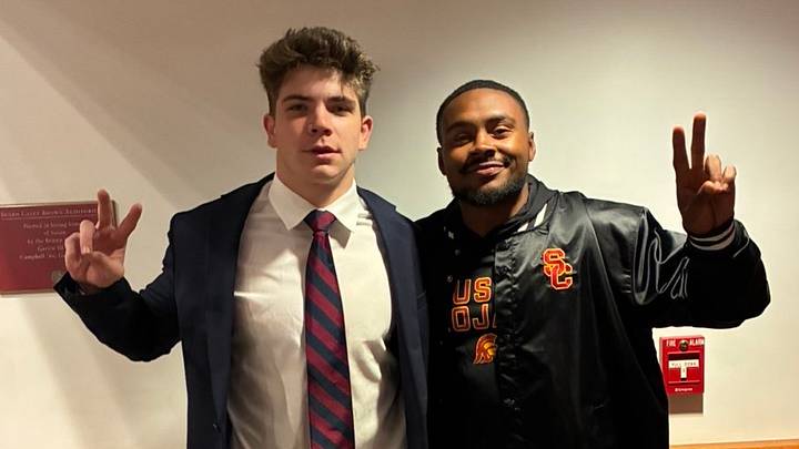 Avon Old Farms (Conn.) 2027 linebacker Dylan Wafle and USC Trojans outside linebackers coach AJ Howard Avon Old Farms (Conn.) 2027 linebacker Dylan Wafle and USC Trojans outside linebackers coach AJ Howard
