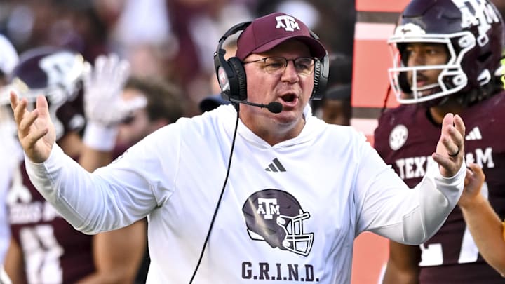 Sep 27, 2025; College Station, Texas, USA; Texas A&M Aggies head coach Mike Elko reacts during the third quarter against the Auburn Tigers at Kyle Field. Mandatory Credit: Maria Lysaker-Imagn Images 