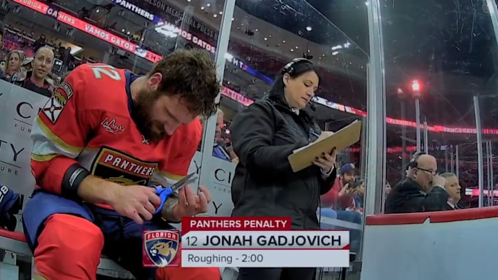 Florida Panthers forward Jonah Gadjovich sits in the penalty box.