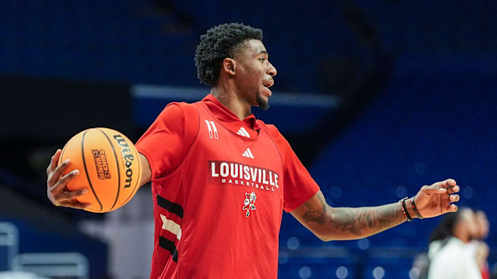 Louisville Cardinals guard Kobe Rodgers (11) makes a pass during practice before the first round of the 2025 NCAA men's basketball tournament In Lexington, Kentucky Wednesday, March 19, 2025.