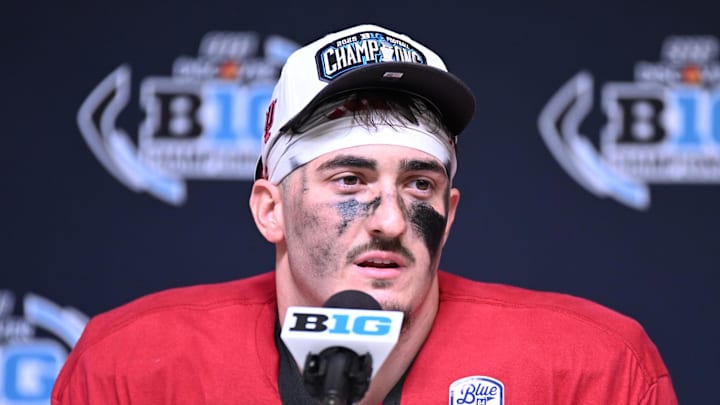 Dec 6, 2025; Indianapolis, IN, USA; Indiana Hoosiers linebacker Isaiah Jones (46) speaks in a press conference after defeating the Ohio State Buckeyes in the 2025 Big Ten championship game at Lucas Oil Stadium. 