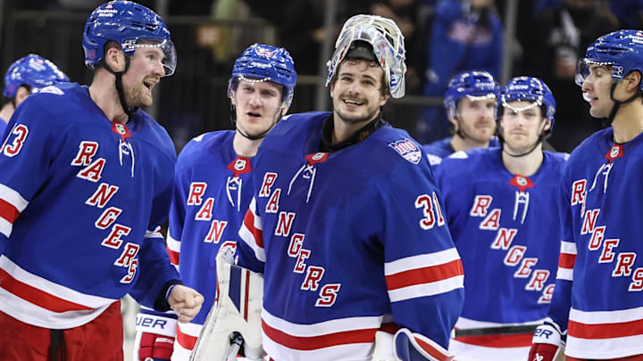 Feb 28, 2026; New York, New York, USA;  New York Rangers goaltender Igor Shesterkin (31) celebrates with his teammates after defeating the Pittsburgh Penguins 3-2 in a shootout at Madison Square Garden. Mandatory Credit: Wendell Cruz-Imagn Images