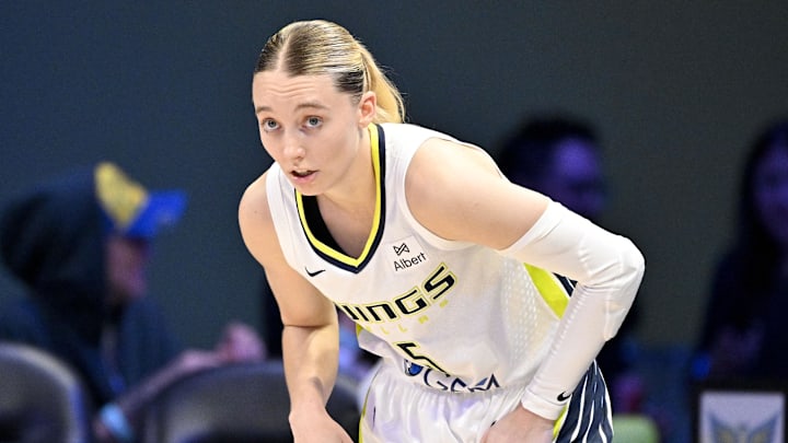 Sep 11, 2025; Arlington, Texas, USA; Dallas Wings guard Paige Bueckers (5) looks on during the second half against the Phoenix Mercury at College Park Center. Mandatory Credit: Jerome Miron-Imagn Images