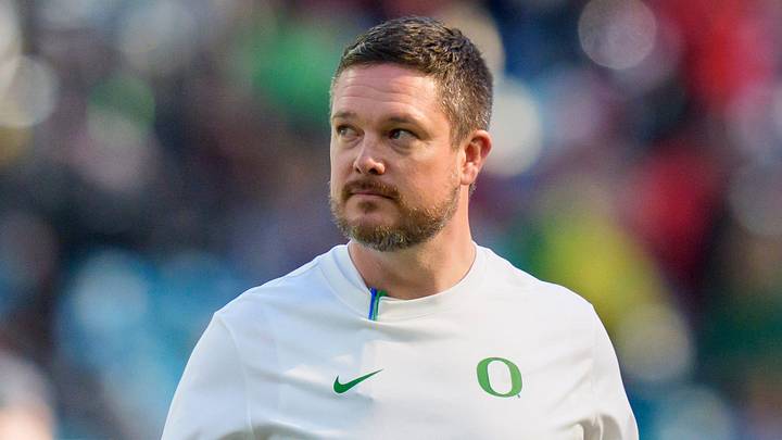 Oregon head coach Dan Lanning walks the field during warmups as the Oregon Ducks take on the Texas Tech Red Raiders in the Orange Bowl on Jan. 1, 2026, at Hard Rock Stadium in Miami, Florida.
