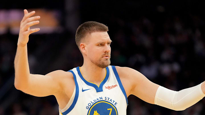 Mar 13, 2026; San Francisco, California, USA; Golden State Warriors forward Kristaps Porzingis (7) reacts after being fouled against the Minnesota Timberwolves in the fourth quarter at the Chase Center. Mandatory Credit: Cary Edmondson-Imagn Images