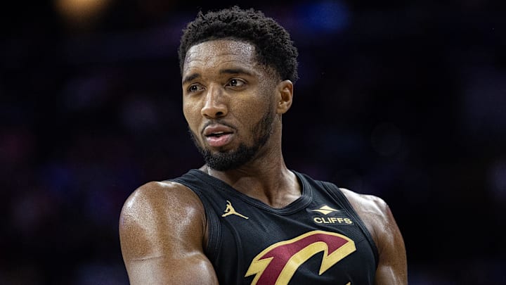 Jan 24, 2025; Philadelphia, Pennsylvania, USA; Cleveland Cavaliers guard Donovan Mitchell (45) looks on during the fourth quarter against the Philadelphia 76ers at Wells Fargo Center. Mandatory Credit: Bill Streicher-Imagn Images